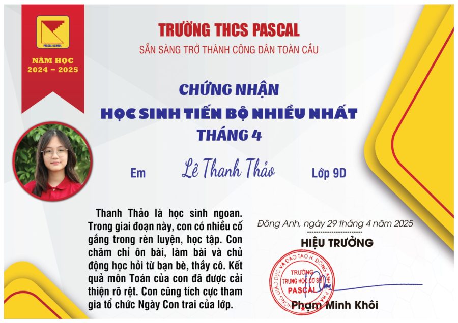 🏅 HỌC SINH TIẾN BỘ NHIỀU NHẤT THÁNG 4. NĂM HỌC 2024 – 2025🏅