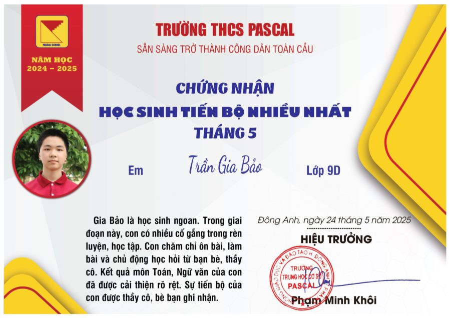 🏅HỌC SINH TIẾN BỘ NHIỀU NHẤT THÁNG 5. NĂM HỌC 2024 – 2025🏅
