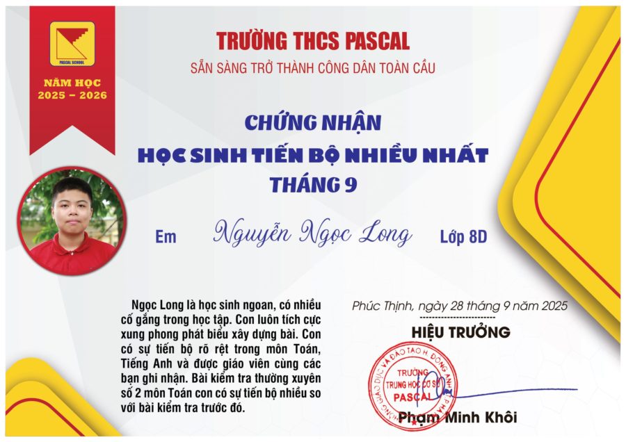 HỌC SINH TIẾN BỘ NHIỀU NHẤT THÁNG 9. NĂM HỌC 2025 – 2026