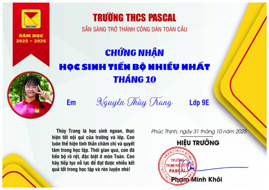 🏅HỌC SINH TIẾN BỘ NHIỀU NHẤT THÁNG 10. NĂM HỌC 2025 – 2026🏅