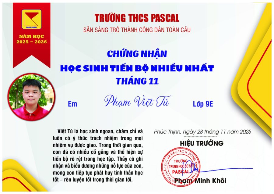 PASCAL – HỌC SINH TIẾN BỘ NHIỀU NHẤT THÁNG 11 NĂM 2025