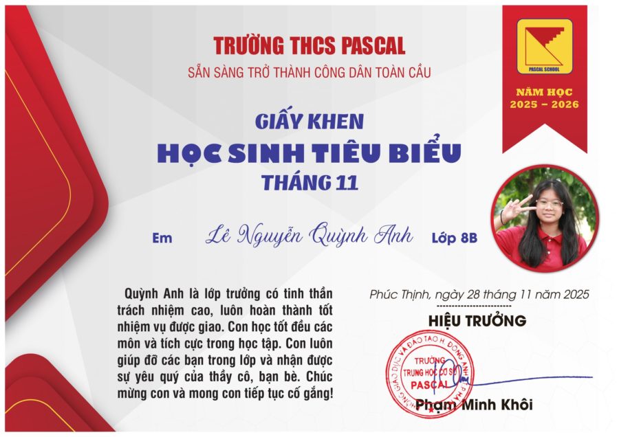 PASCAL – HỌC SINH TIÊU BIỂU THÁNG 11 NĂM 2025