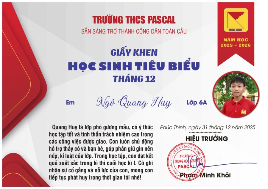 THCS PASCAL – HỌC SINH TIÊU BIỂU THÁNG 12. NĂM HỌC 2025 – 2026