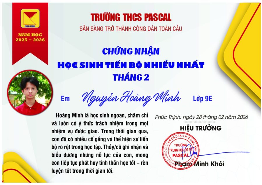 PASCAL-HỌC SINH TIẾN BỘ NHIỀU NHẤT THÁNG 02. NH 2025 – 2026