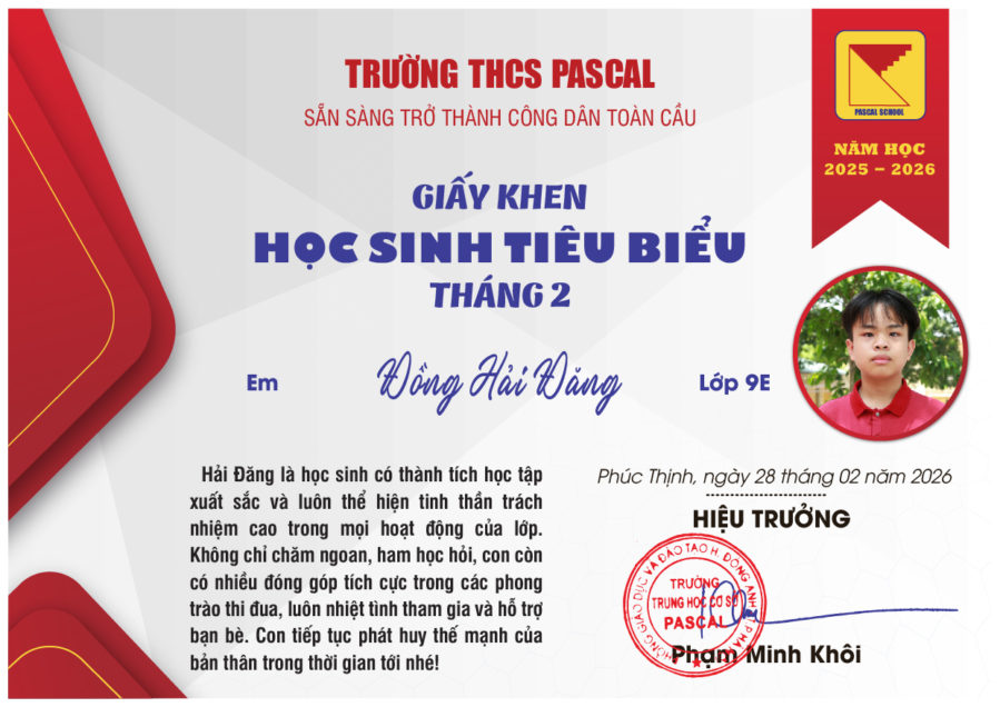 PASCAL – HỌC SINH TIÊU BIỂU THÁNG 02. NH 2025 – 2026